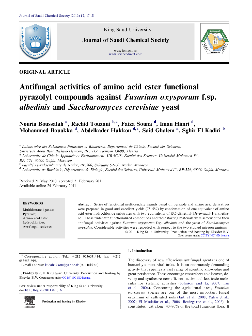 Antifungal activities of amino acid ester functional pyrazolyl compounds against Fusarium oxysporum f.sp. albedinis and Saccharomyces cerevisiae yeast 