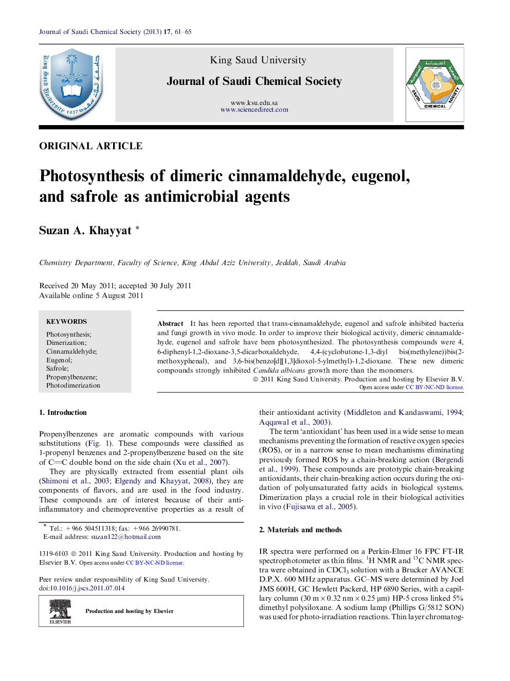 Photosynthesis of dimeric cinnamaldehyde, eugenol, and safrole as antimicrobial agents 