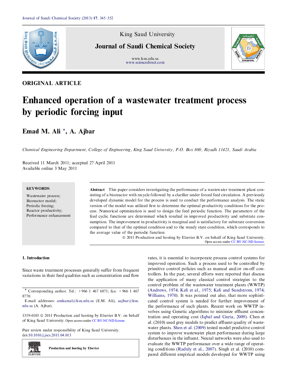 Enhanced operation of a wastewater treatment process by periodic forcing input 