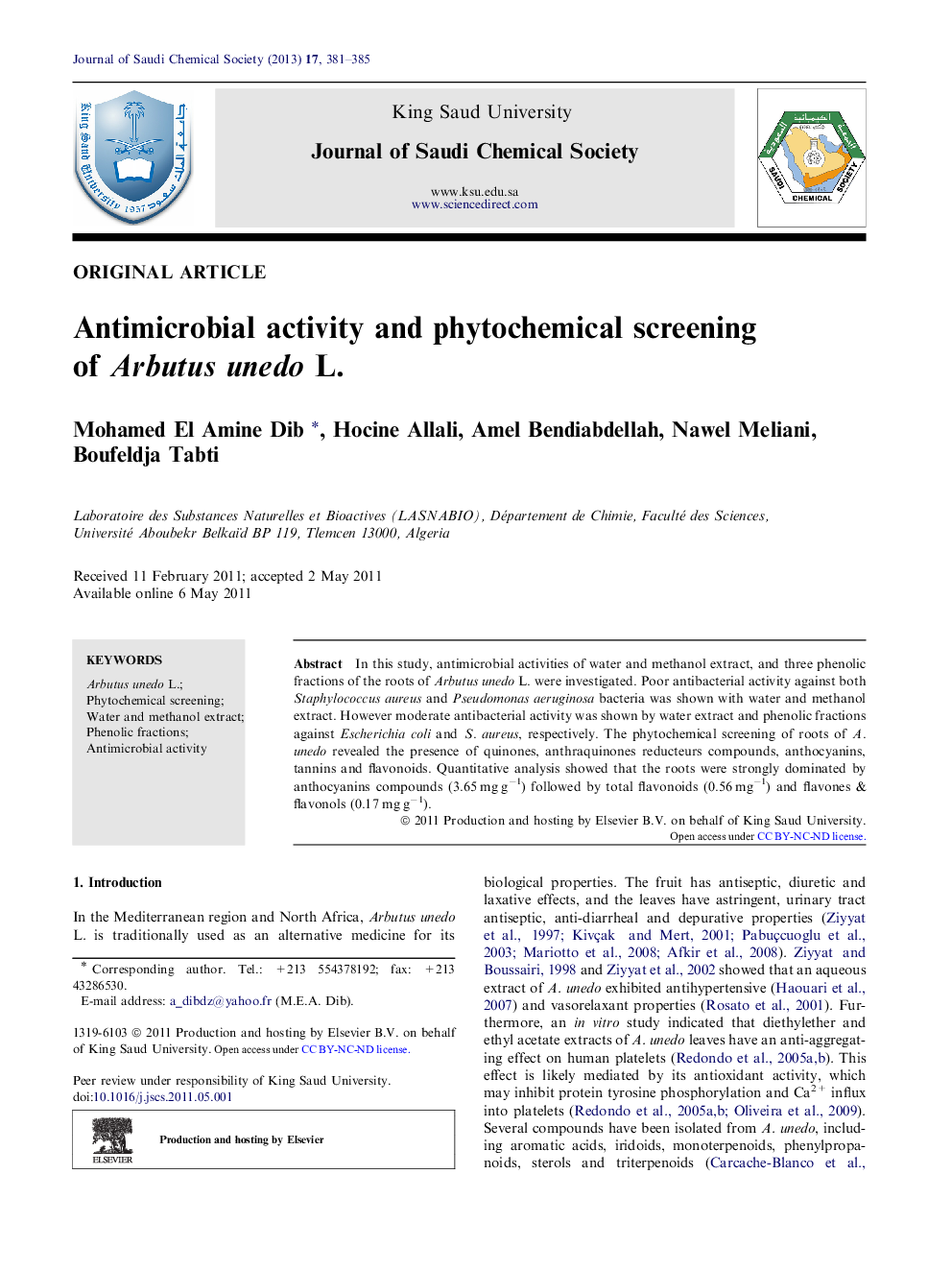 Antimicrobial activity and phytochemical screening of Arbutus unedo L. 