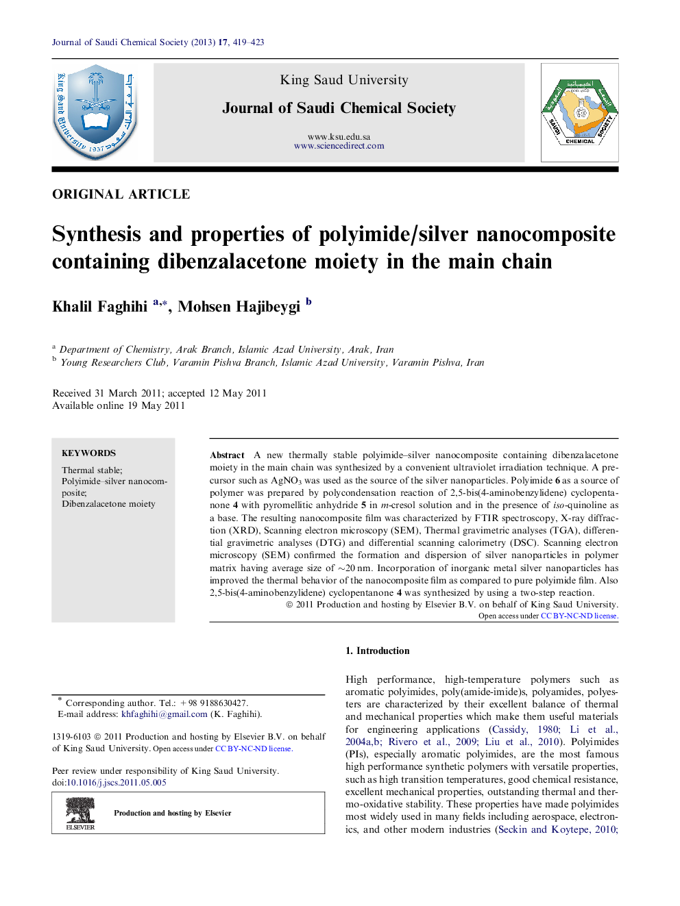 Synthesis and properties of polyimide/silver nanocomposite containing dibenzalacetone moiety in the main chain 