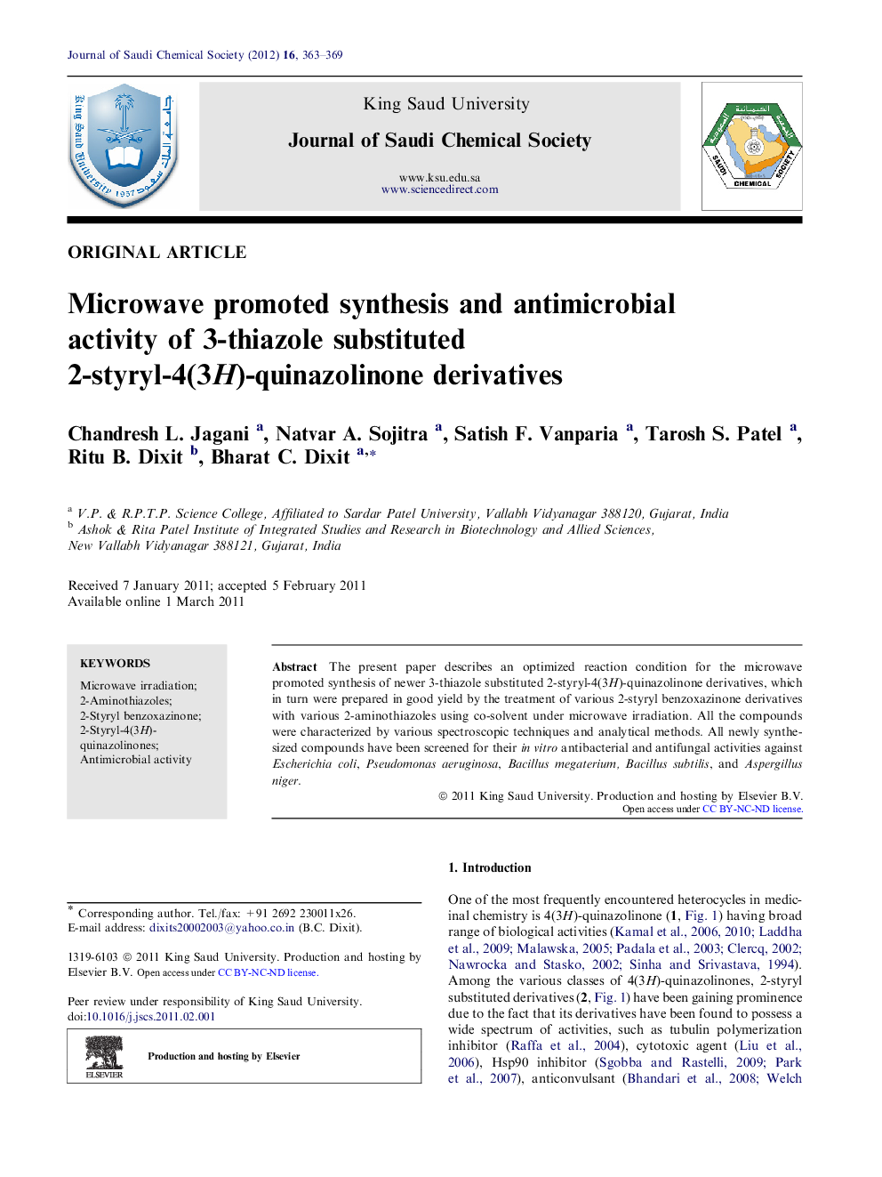 Microwave promoted synthesis and antimicrobial activity of 3-thiazole substituted 2-styryl-4(3H)-quinazolinone derivatives 