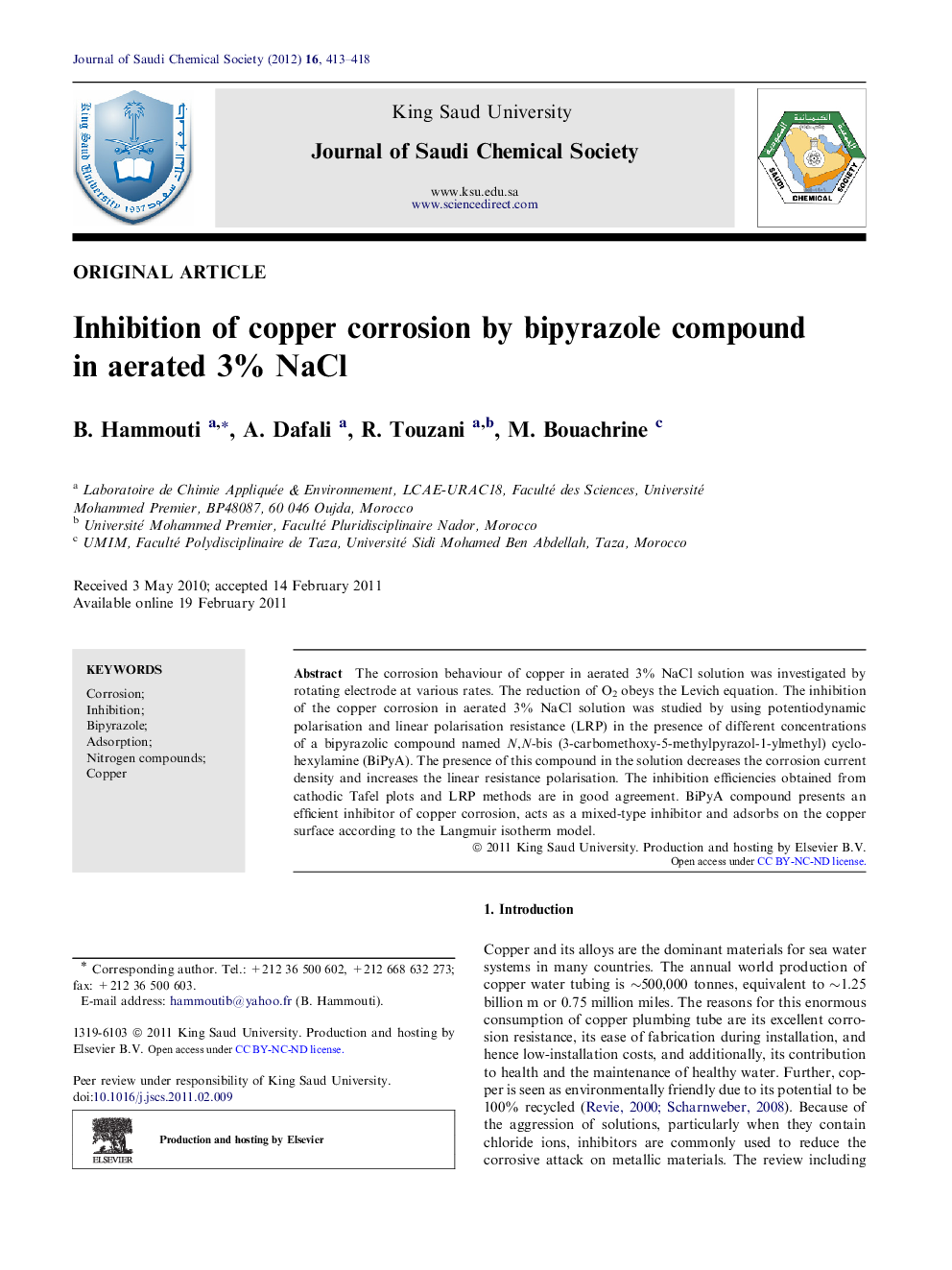 Inhibition of copper corrosion by bipyrazole compound in aerated 3% NaCl 