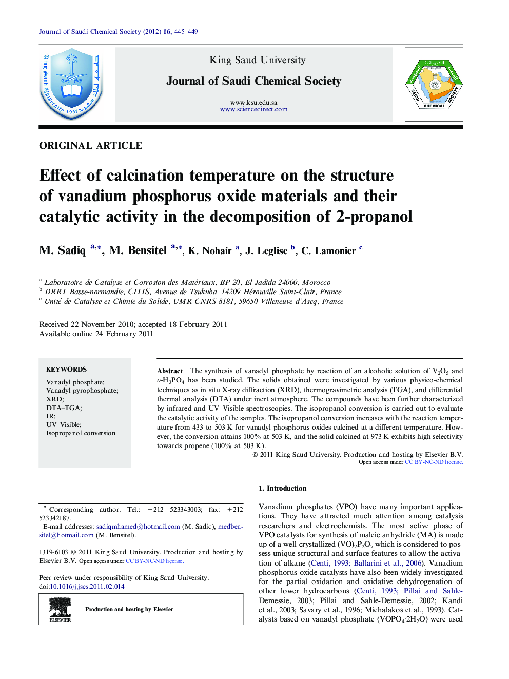 Effect of calcination temperature on the structure of vanadium phosphorus oxide materials and their catalytic activity in the decomposition of 2-propanol 