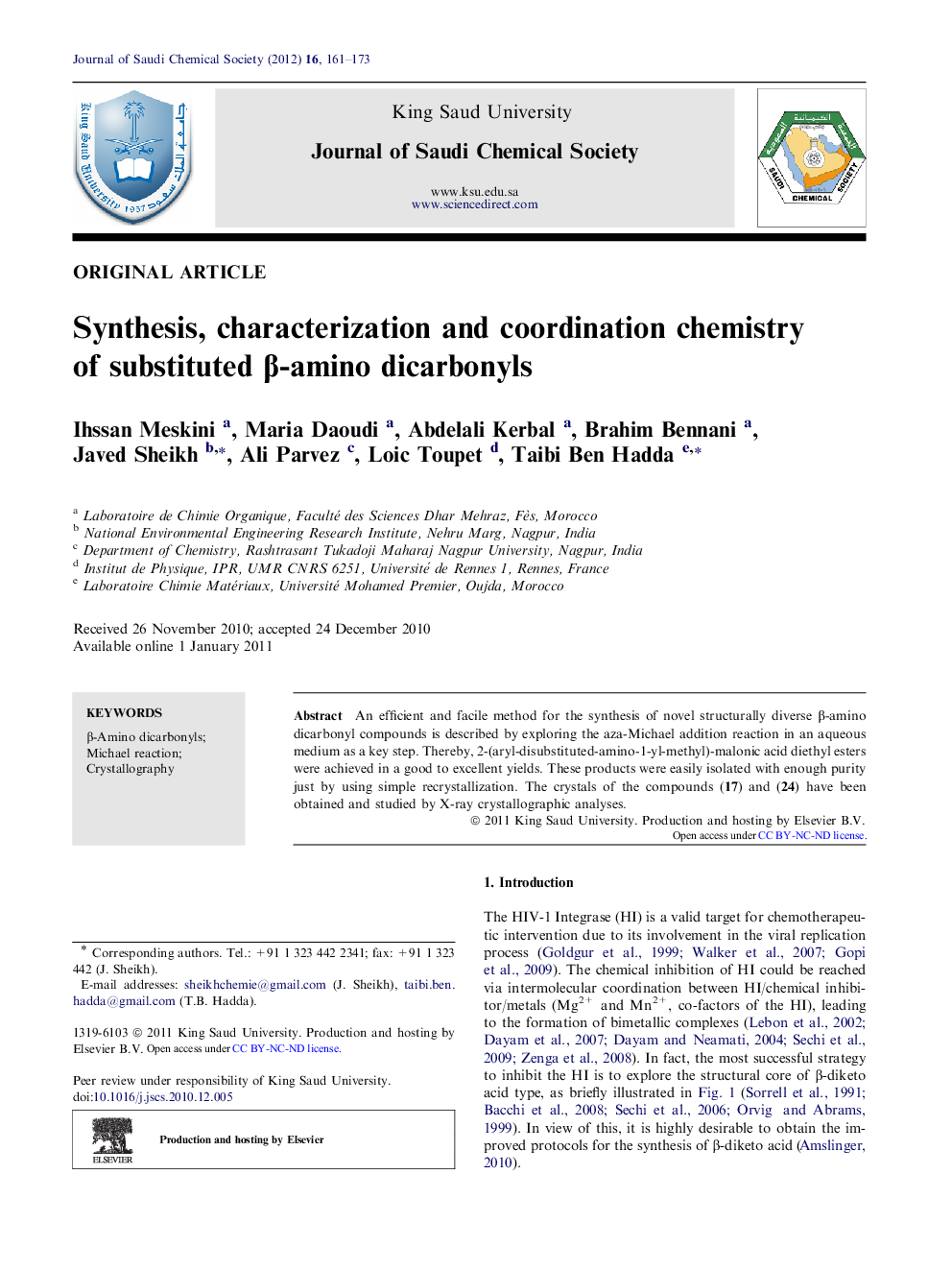 Synthesis, characterization and coordination chemistry of substituted β-amino dicarbonyls 