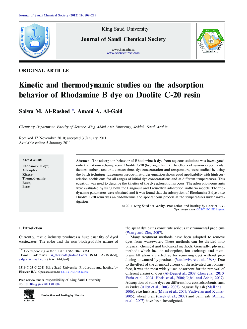 Kinetic and thermodynamic studies on the adsorption behavior of Rhodamine B dye on Duolite C-20 resin 