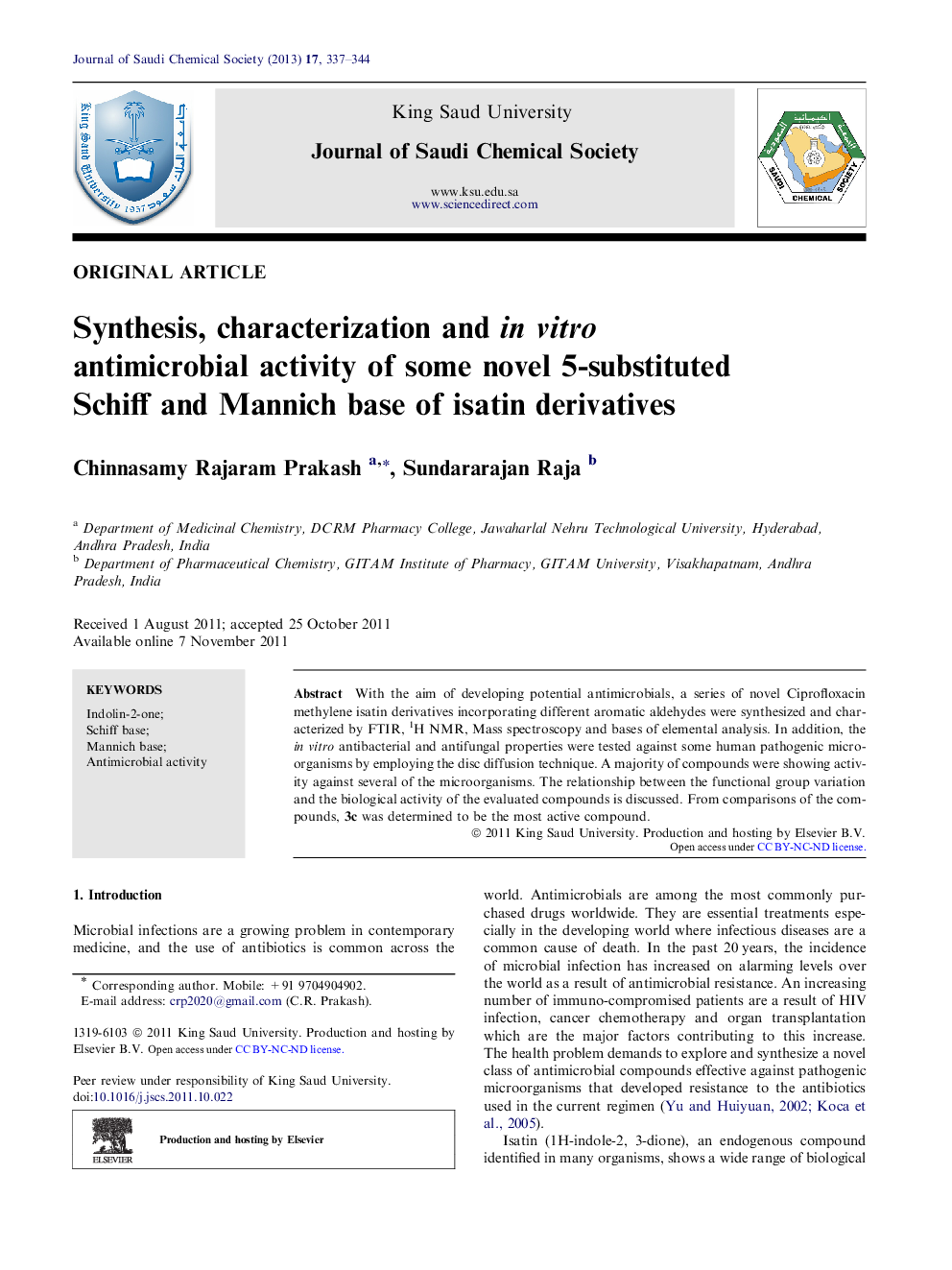 Synthesis, characterization and in vitro antimicrobial activity of some novel 5-substituted Schiff and Mannich base of isatin derivatives 