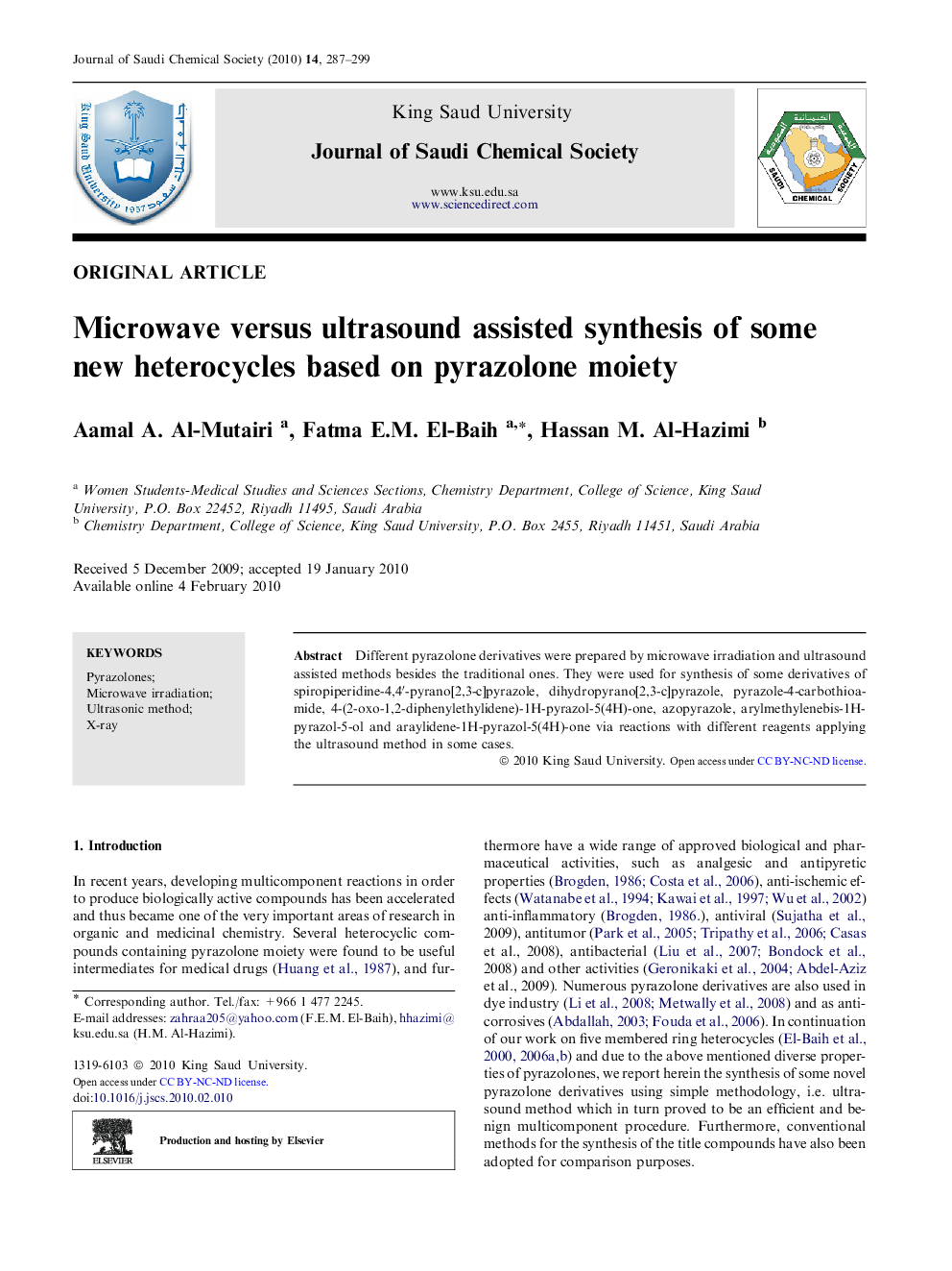 Microwave versus ultrasound assisted synthesis of some new heterocycles based on pyrazolone moiety 