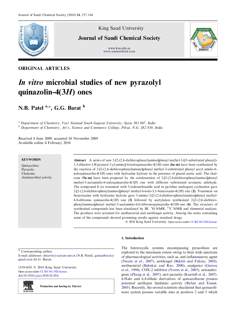 In vitro microbial studies of new pyrazolyl quinazolin-4(3H) ones 