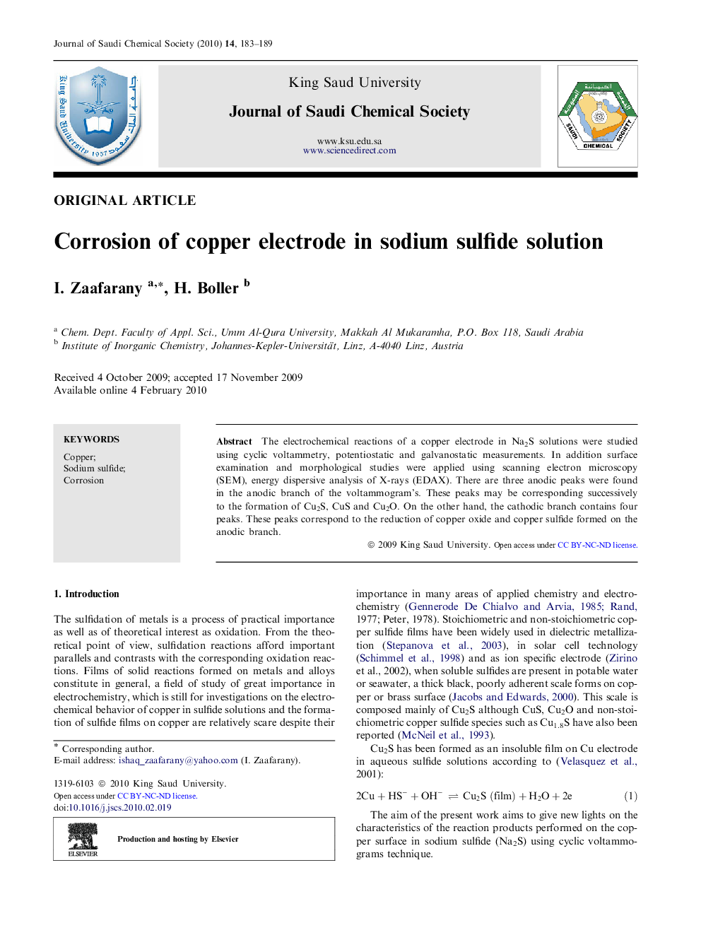 Corrosion of copper electrode in sodium sulfide solution 