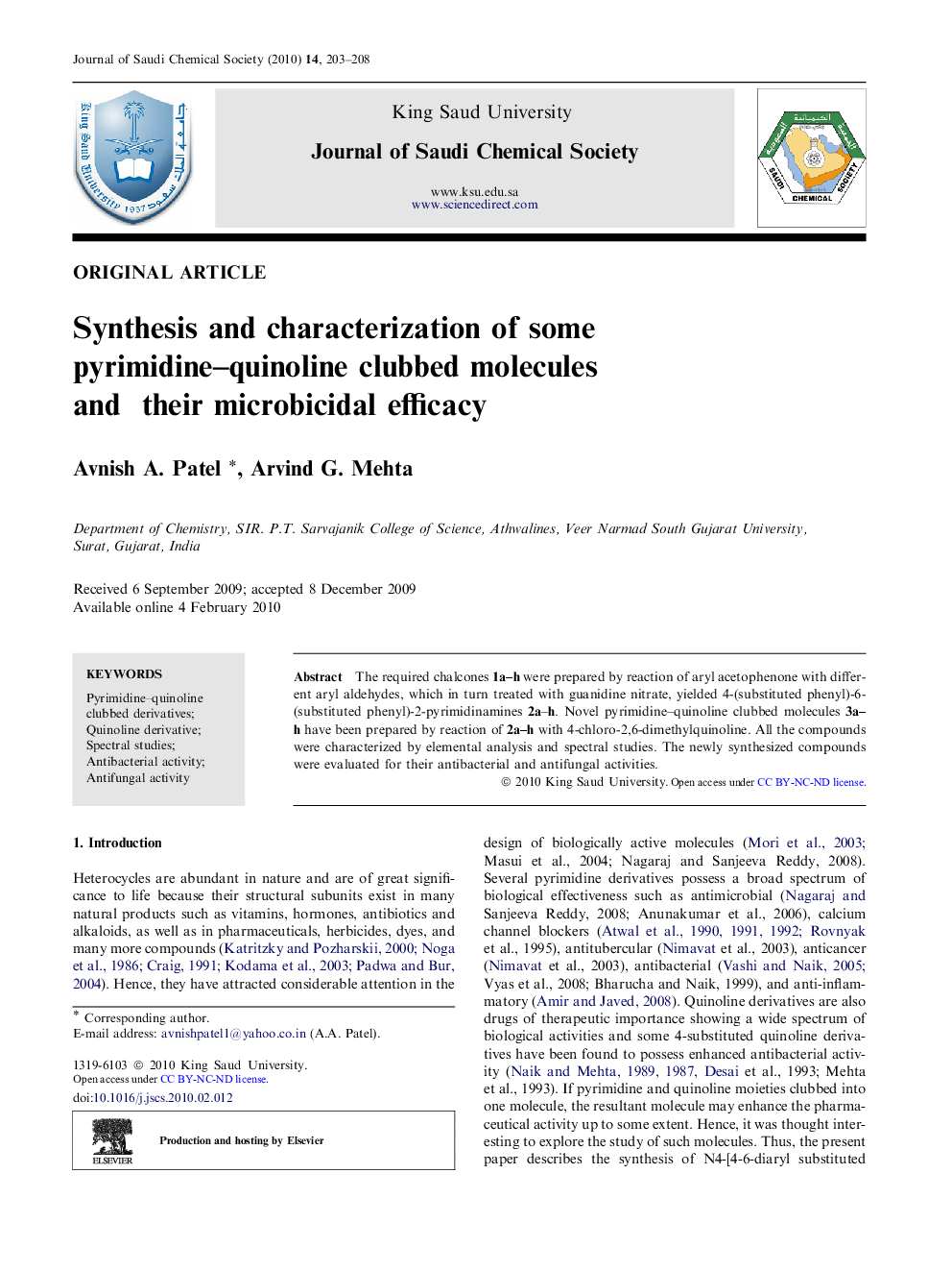 Synthesis and characterization of some pyrimidine–quinoline clubbed molecules and their microbicidal efficacy 