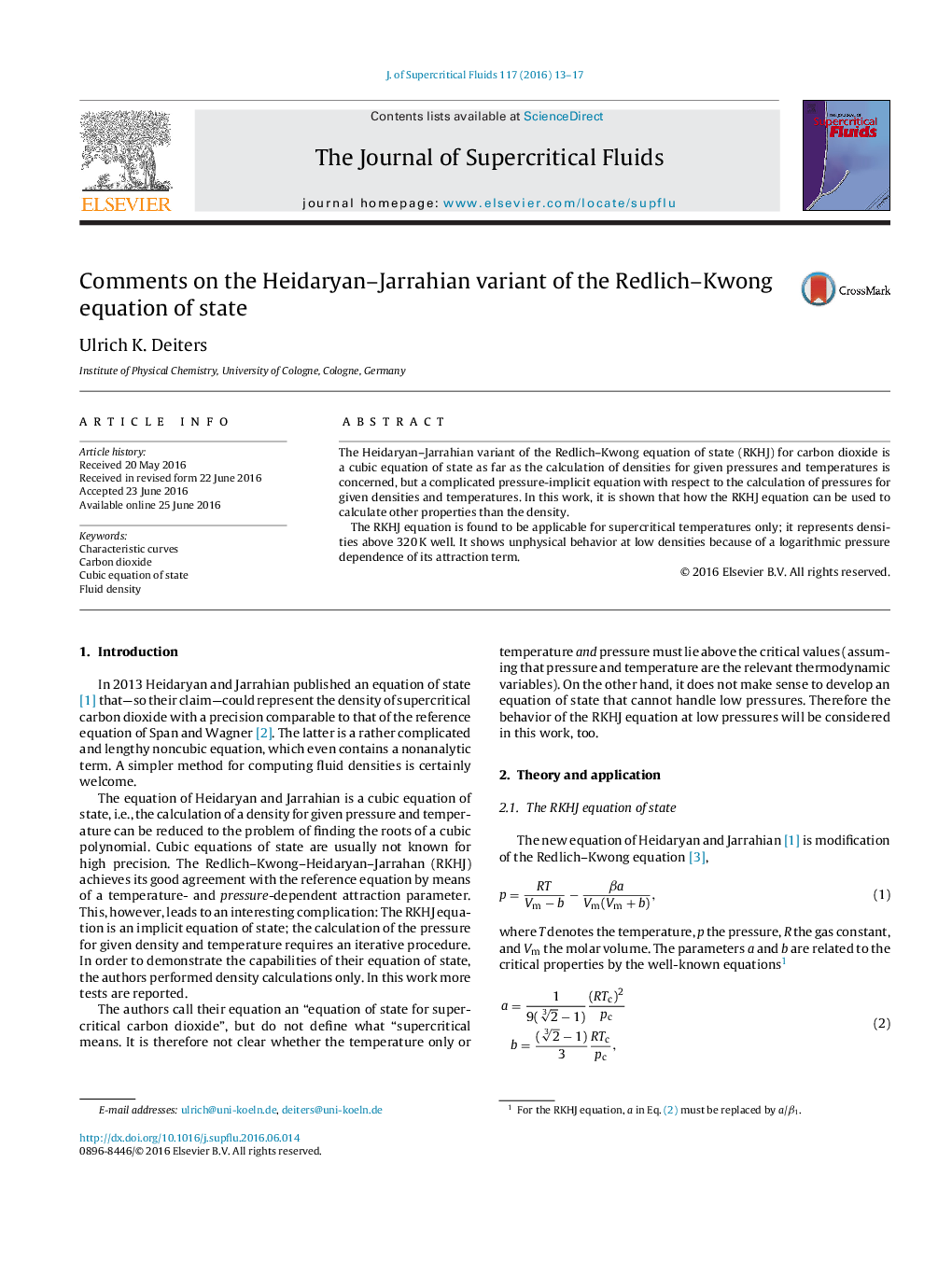 Comments on the Heidaryan–Jarrahian variant of the Redlich–Kwong equation of state