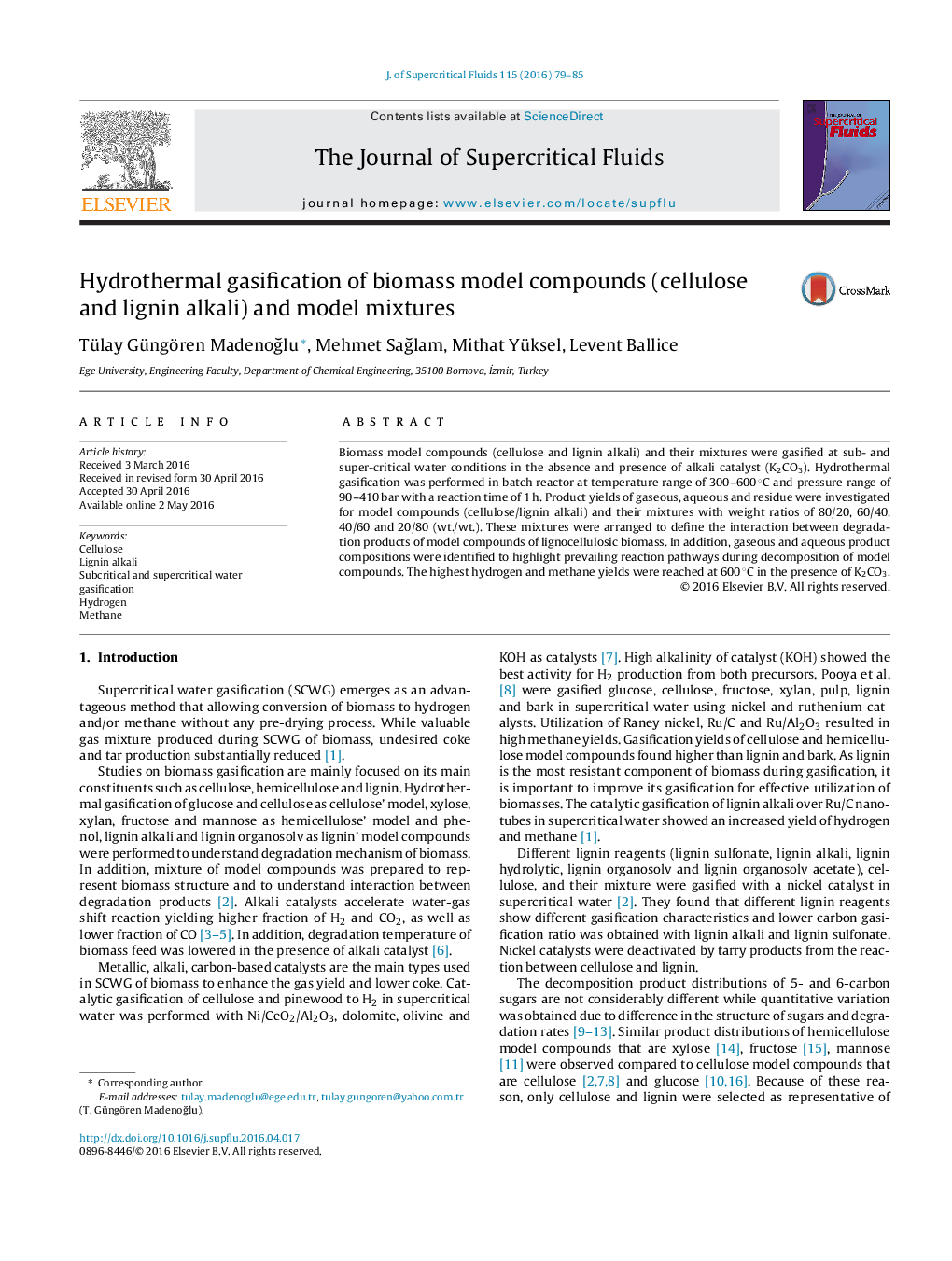 Hydrothermal gasification of biomass model compounds (cellulose and lignin alkali) and model mixtures