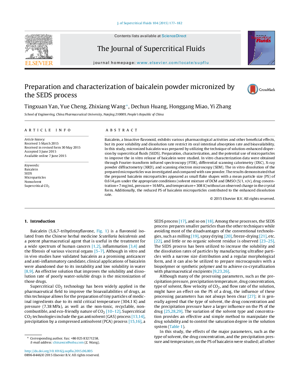 Preparation and characterization of baicalein powder micronized by the SEDS process