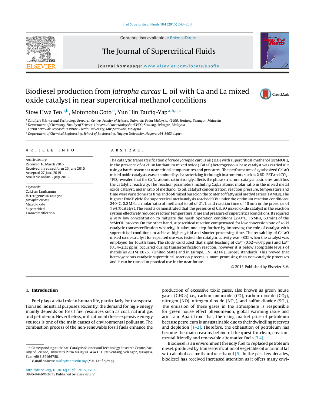 Biodiesel production from Jatropha curcas L. oil with Ca and La mixed oxide catalyst in near supercritical methanol conditions