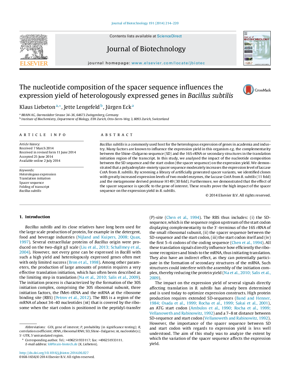 The nucleotide composition of the spacer sequence influences the expression yield of heterologously expressed genes in Bacillus subtilis