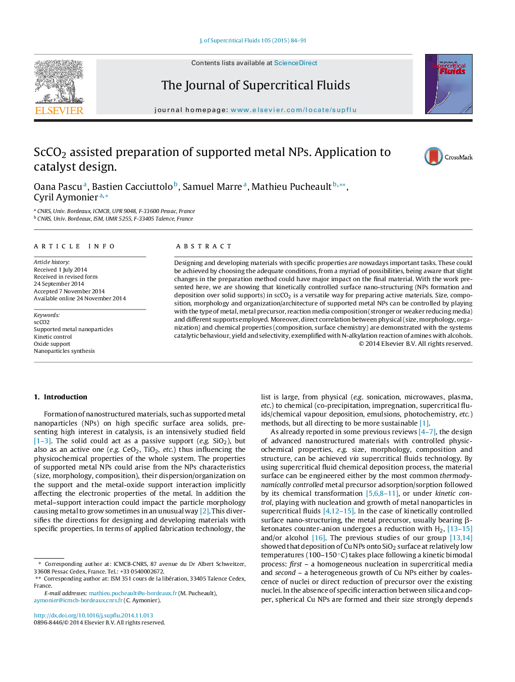 ScCO2 assisted preparation of supported metal NPs. Application to catalyst design.