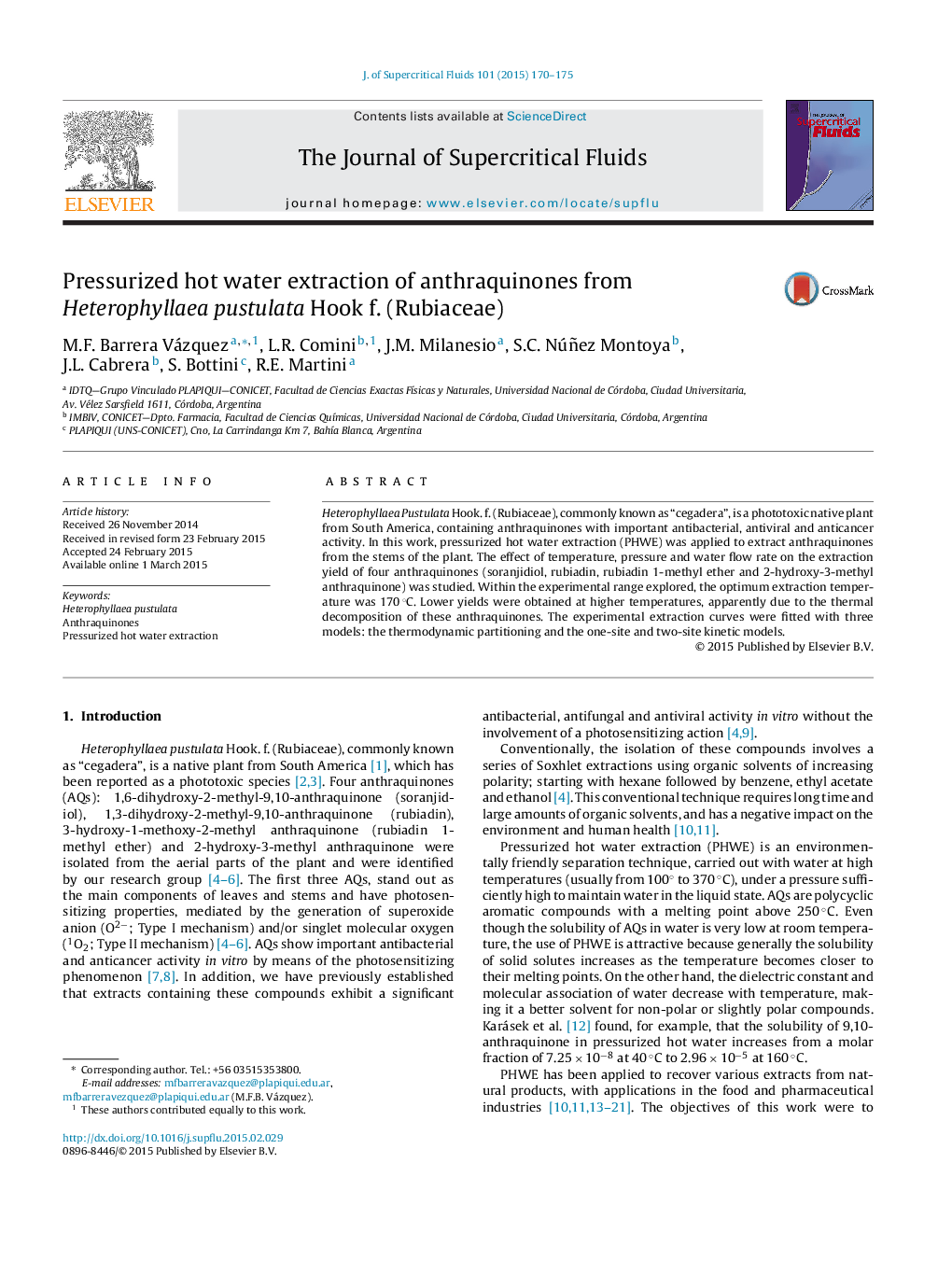 Pressurized hot water extraction of anthraquinones from Heterophyllaea pustulata Hook f. (Rubiaceae)