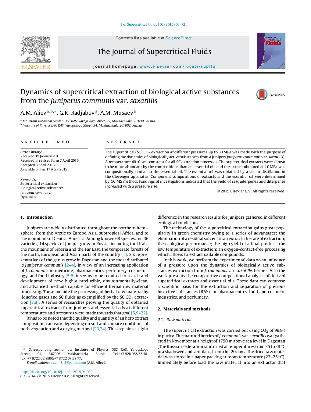 Dynamics of supercritical extraction of biological active substances from the Juniperus communis var. saxatillis