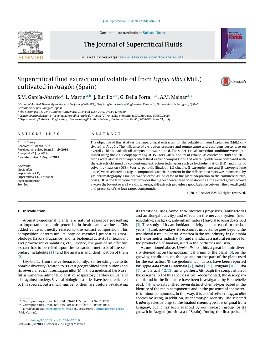 Supercritical fluid extraction of volatile oil from Lippia alba (Mill.) cultivated in Aragón (Spain)