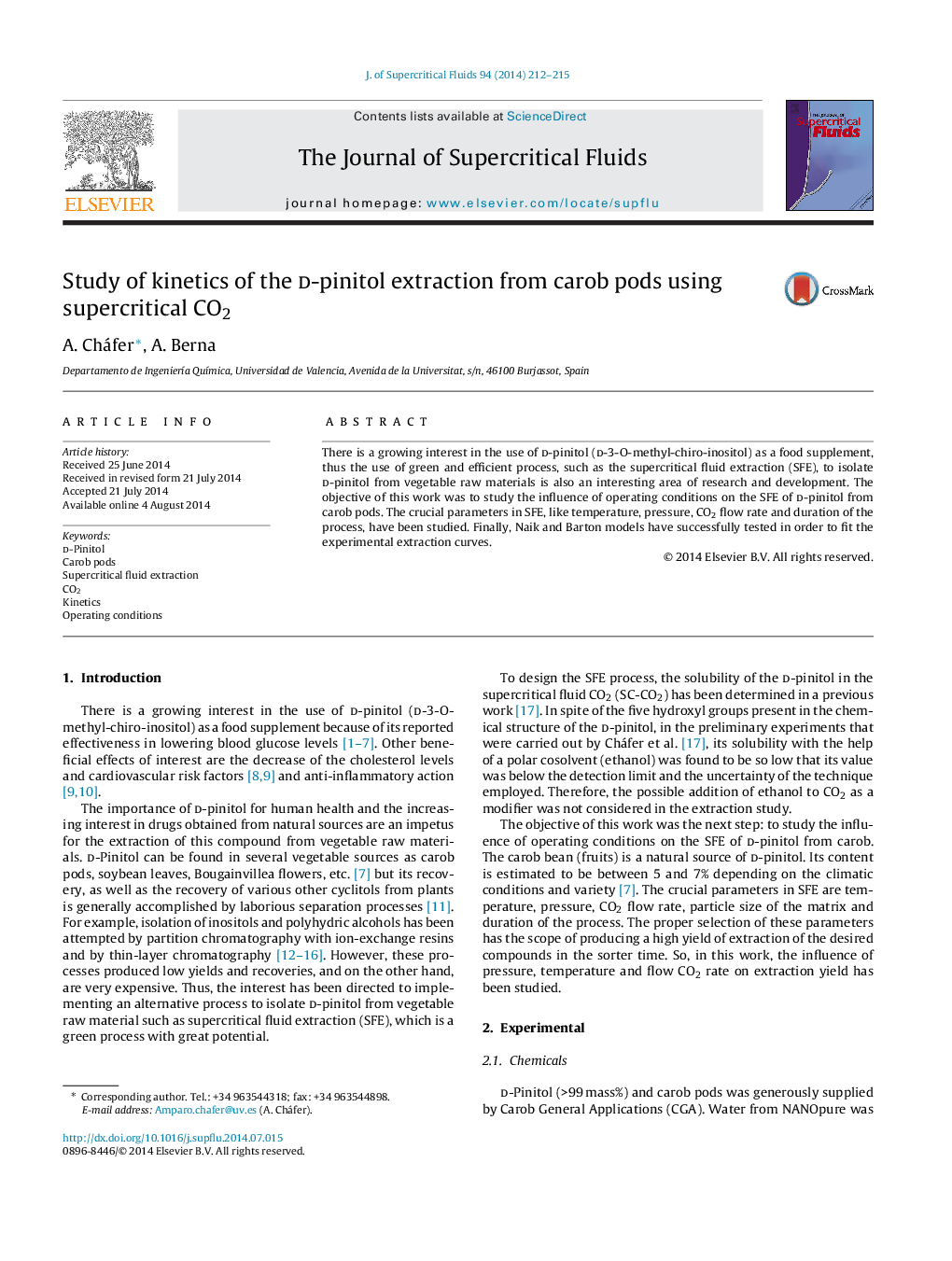 Study of kinetics of the d-pinitol extraction from carob pods using supercritical CO2