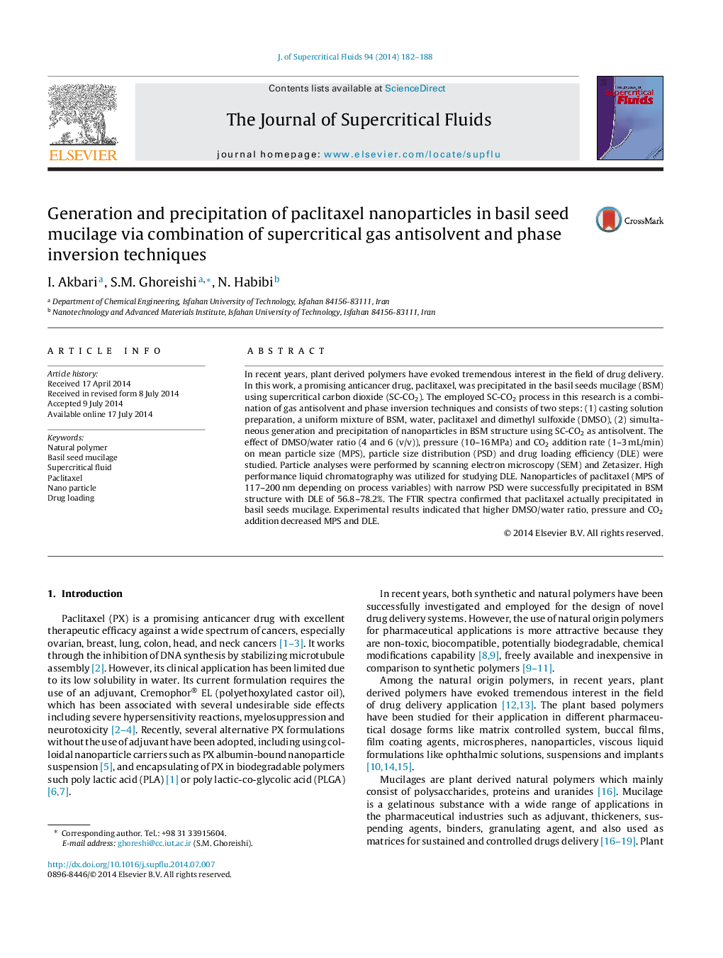 Generation and precipitation of paclitaxel nanoparticles in basil seed mucilage via combination of supercritical gas antisolvent and phase inversion techniques