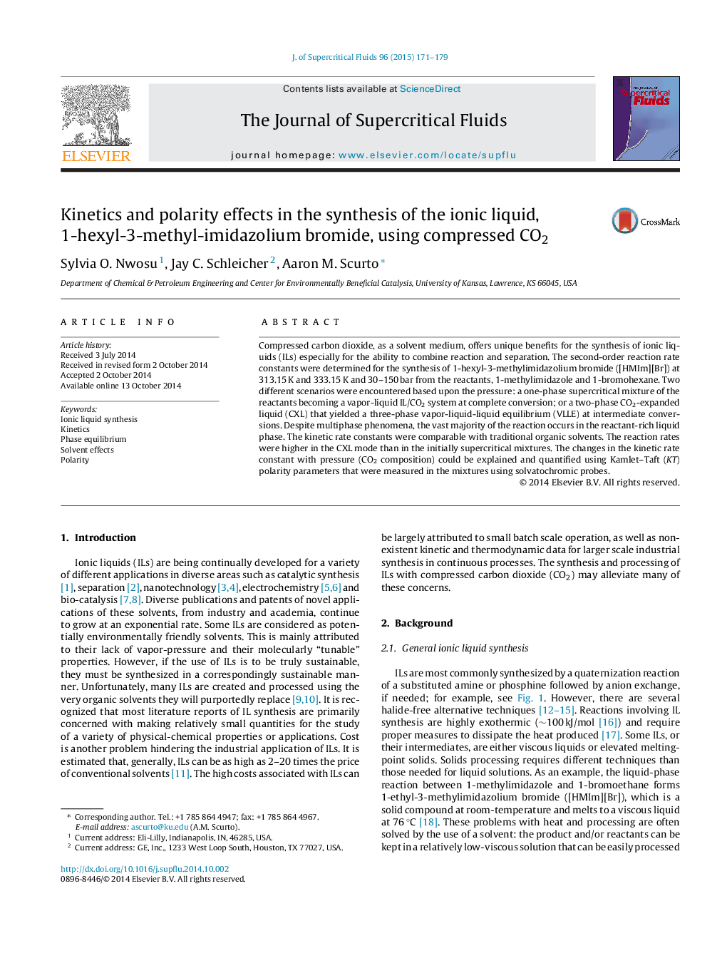 Kinetics and polarity effects in the synthesis of the ionic liquid, 1-hexyl-3-methyl-imidazolium bromide, using compressed CO2