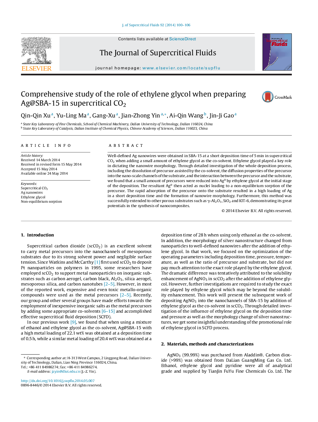 Comprehensive study of the role of ethylene glycol when preparing Ag@SBA-15 in supercritical CO2