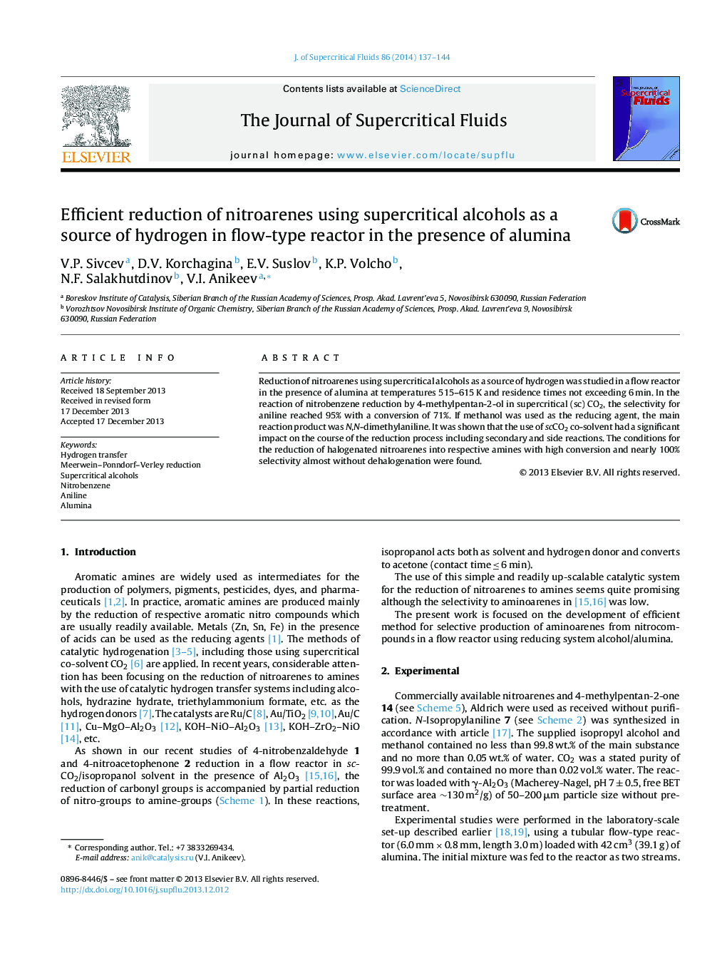 Efficient reduction of nitroarenes using supercritical alcohols as a source of hydrogen in flow-type reactor in the presence of alumina