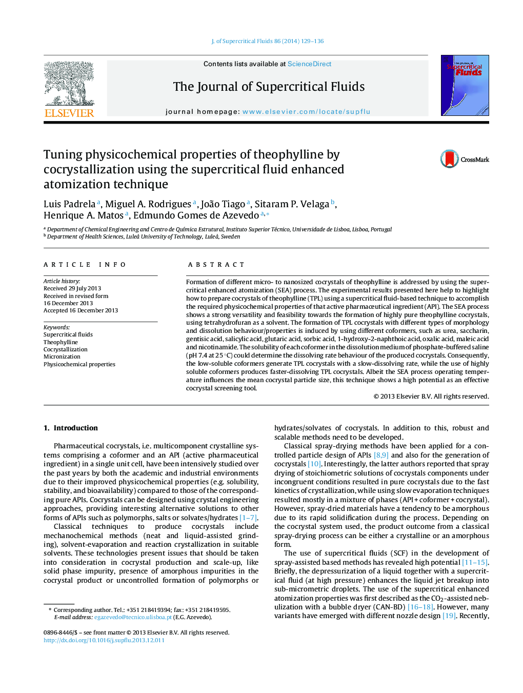 Tuning physicochemical properties of theophylline by cocrystallization using the supercritical fluid enhanced atomization technique