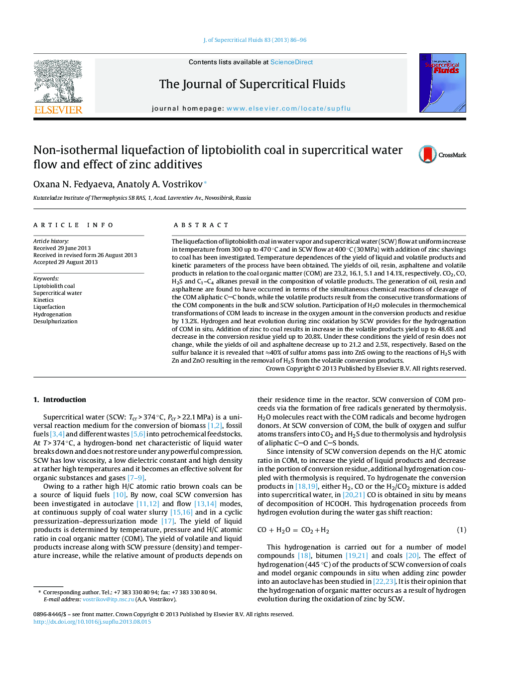 Non-isothermal liquefaction of liptobiolith coal in supercritical water flow and effect of zinc additives