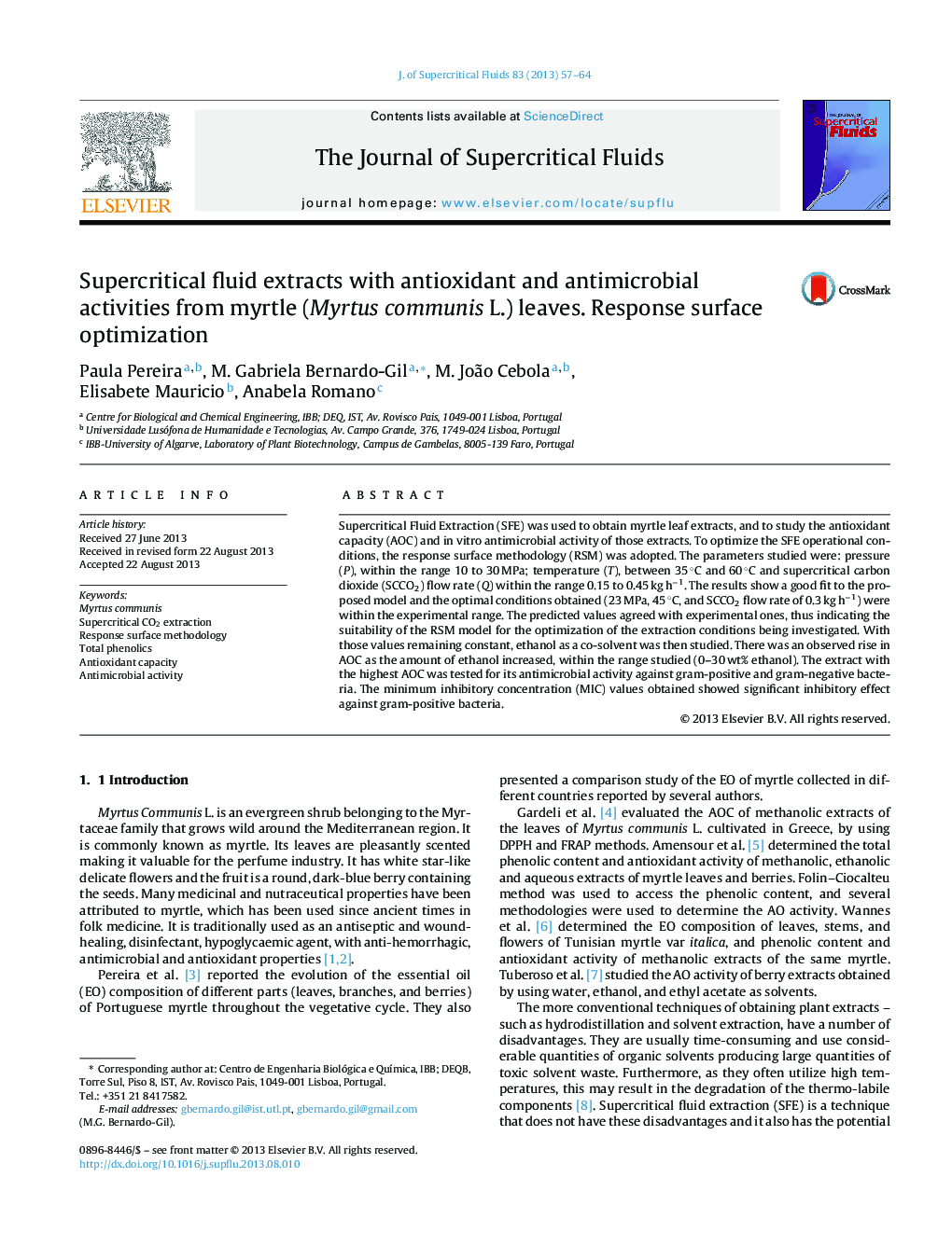 Supercritical fluid extracts with antioxidant and antimicrobial activities from myrtle (Myrtus communis L.) leaves. Response surface optimization