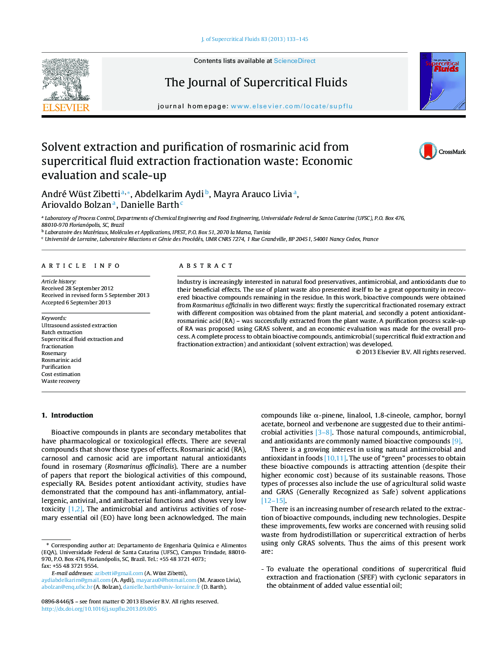 Solvent extraction and purification of rosmarinic acid from supercritical fluid extraction fractionation waste: Economic evaluation and scale-up