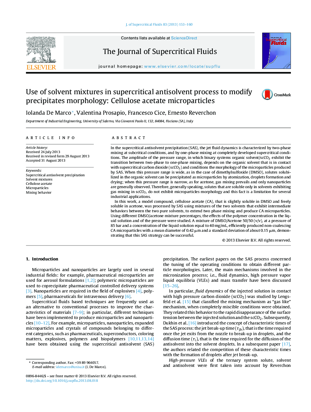 Use of solvent mixtures in supercritical antisolvent process to modify precipitates morphology: Cellulose acetate microparticles