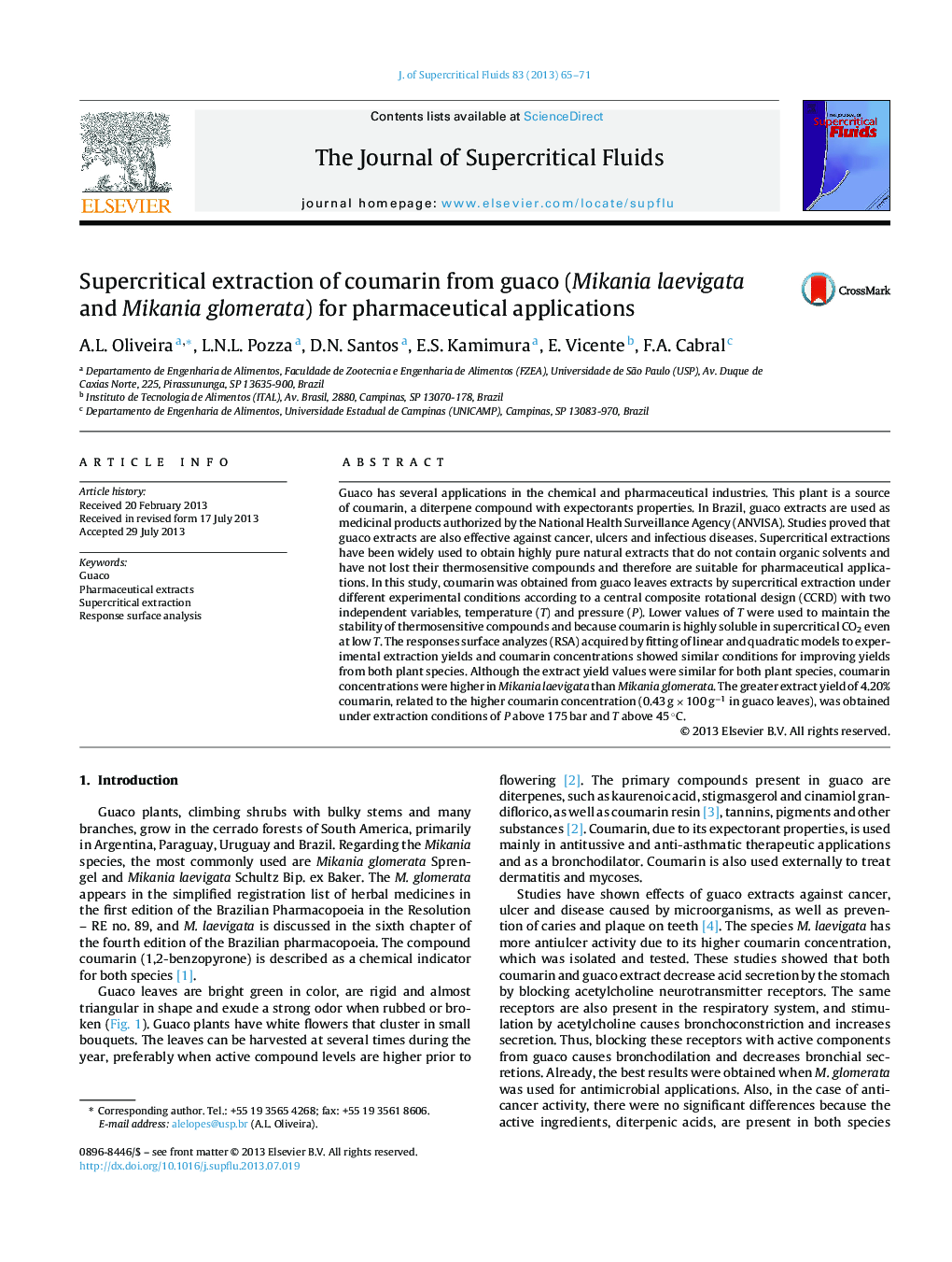 Supercritical extraction of coumarin from guaco (Mikania laevigata and Mikania glomerata) for pharmaceutical applications