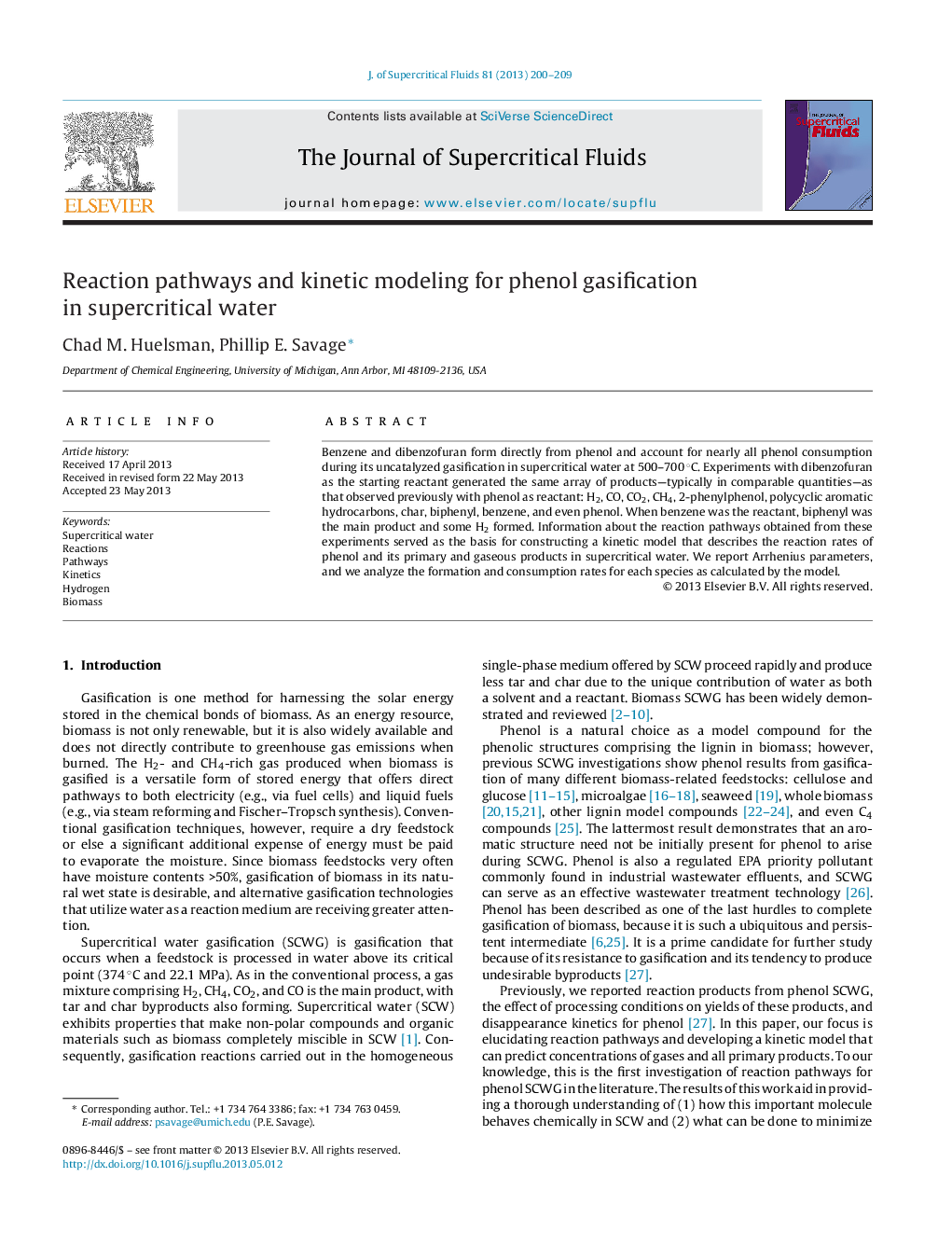 Reaction pathways and kinetic modeling for phenol gasification in supercritical water