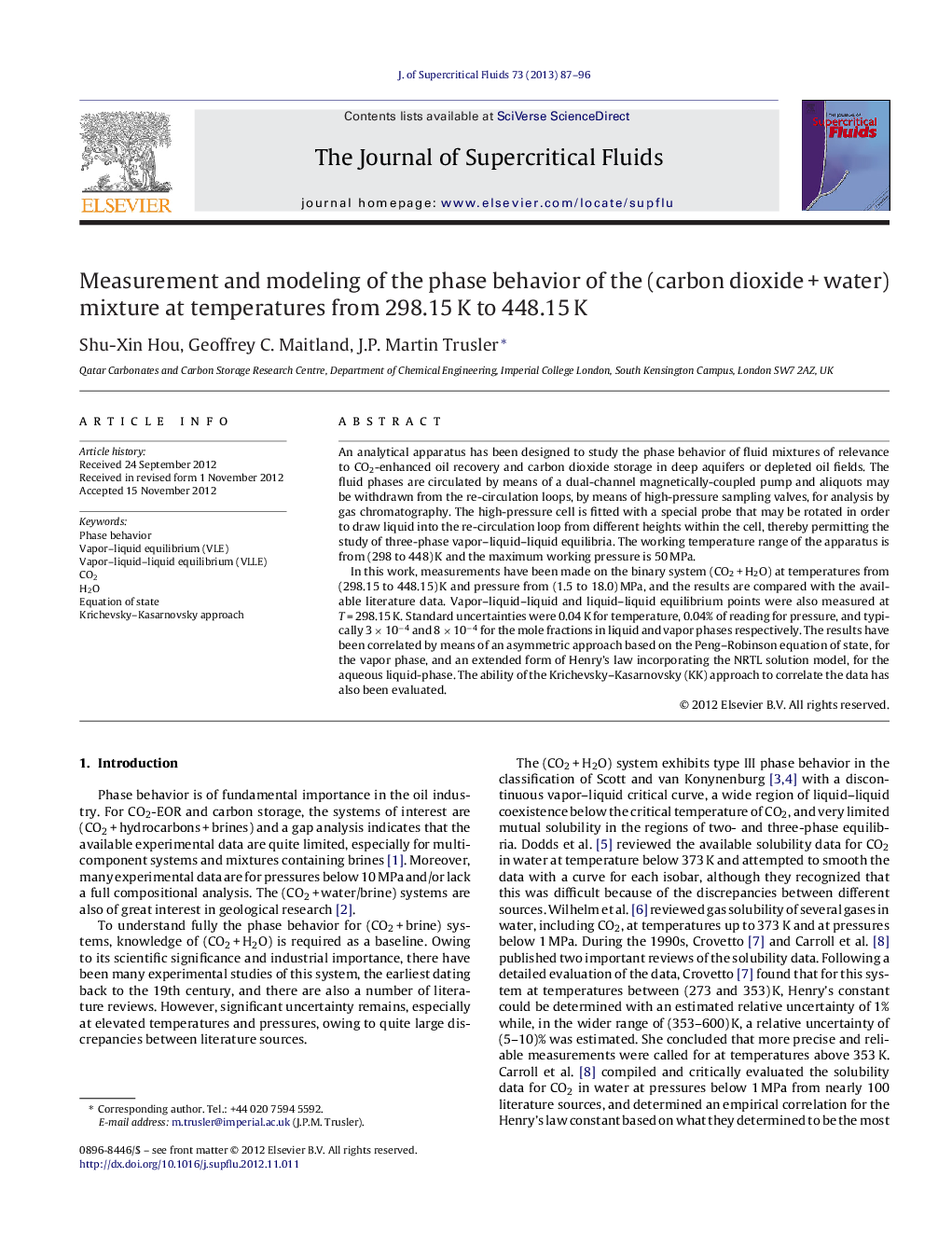 Measurement and modeling of the phase behavior of the (carbon dioxide + water) mixture at temperatures from 298.15 K to 448.15 K