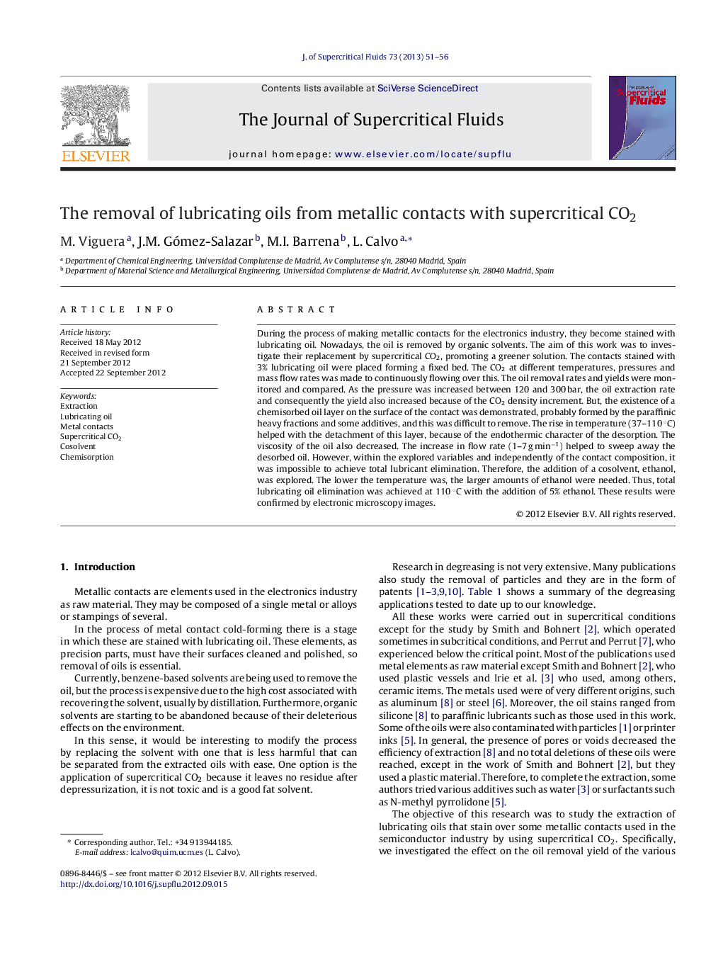 The removal of lubricating oils from metallic contacts with supercritical CO2