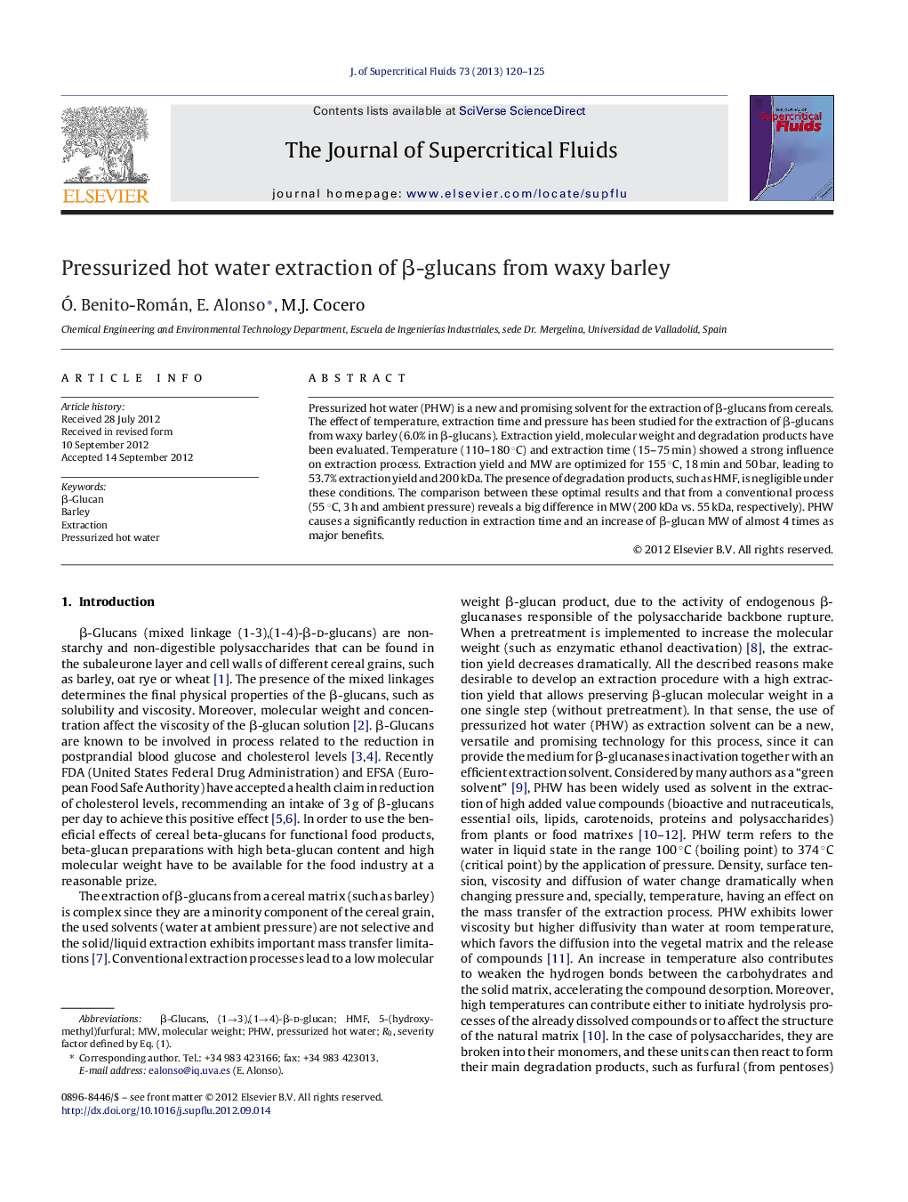 Pressurized hot water extraction of β-glucans from waxy barley