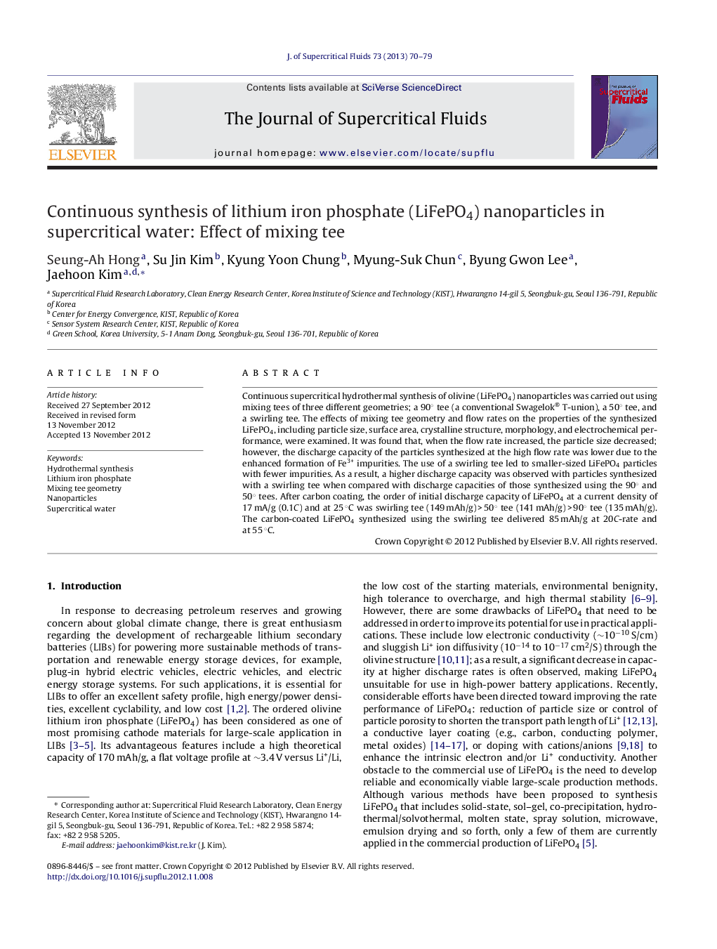 Continuous synthesis of lithium iron phosphate (LiFePO4) nanoparticles in supercritical water: Effect of mixing tee