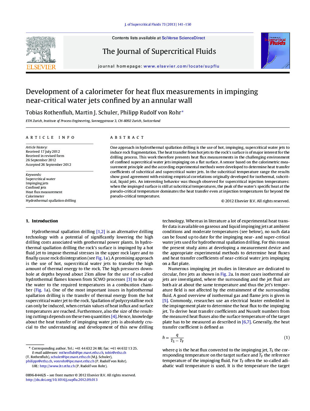 Development of a calorimeter for heat flux measurements in impinging near-critical water jets confined by an annular wall