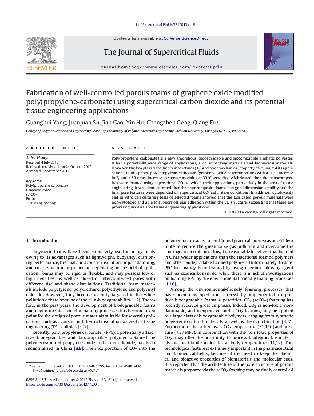 Fabrication of well-controlled porous foams of graphene oxide modified poly(propylene-carbonate) using supercritical carbon dioxide and its potential tissue engineering applications