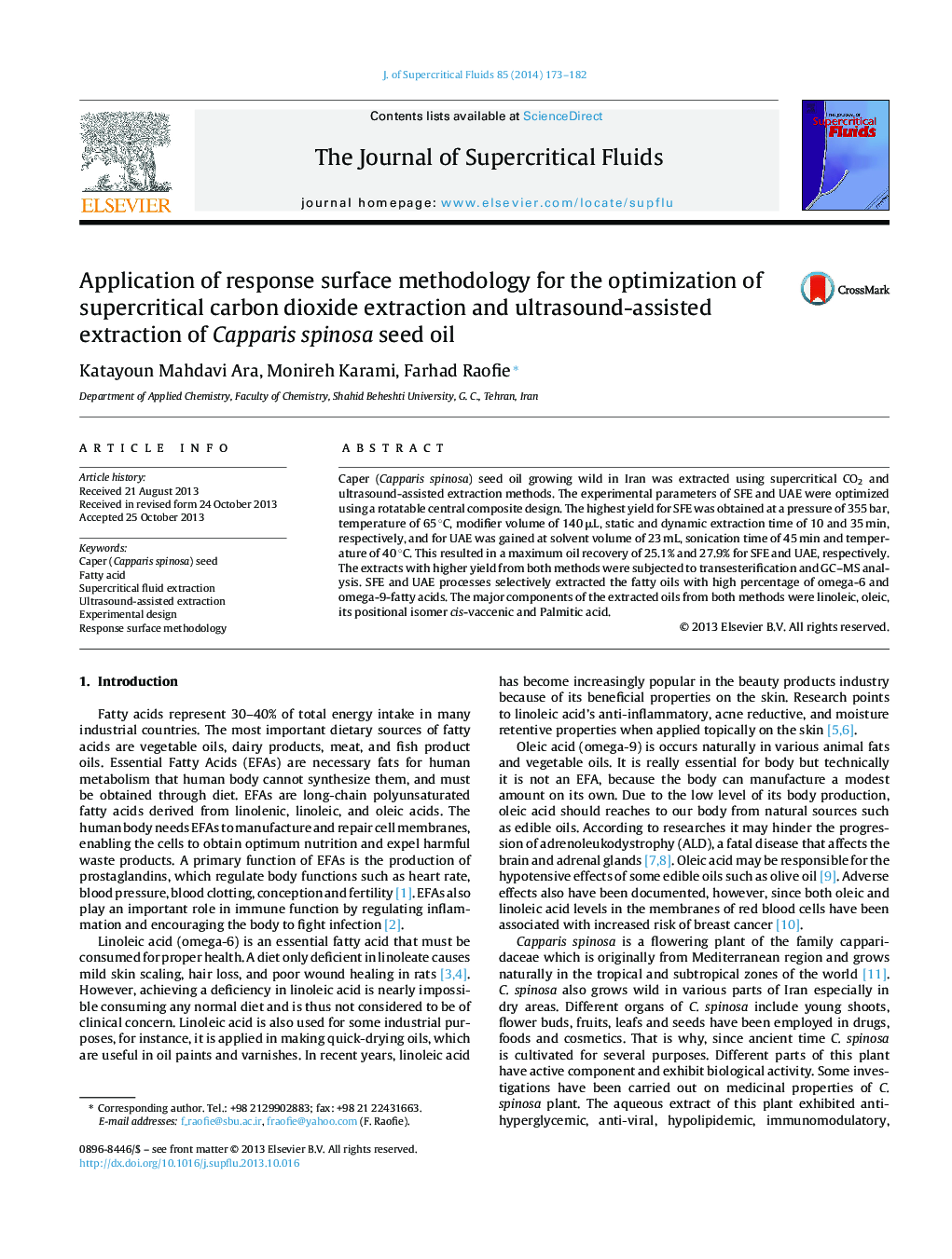 Application of response surface methodology for the optimization of supercritical carbon dioxide extraction and ultrasound-assisted extraction of Capparis spinosa seed oil