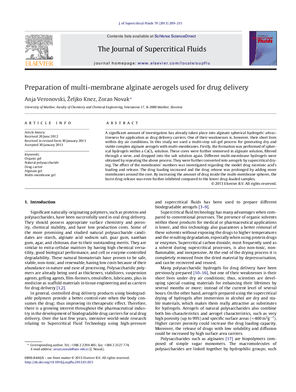 Preparation of multi-membrane alginate aerogels used for drug delivery