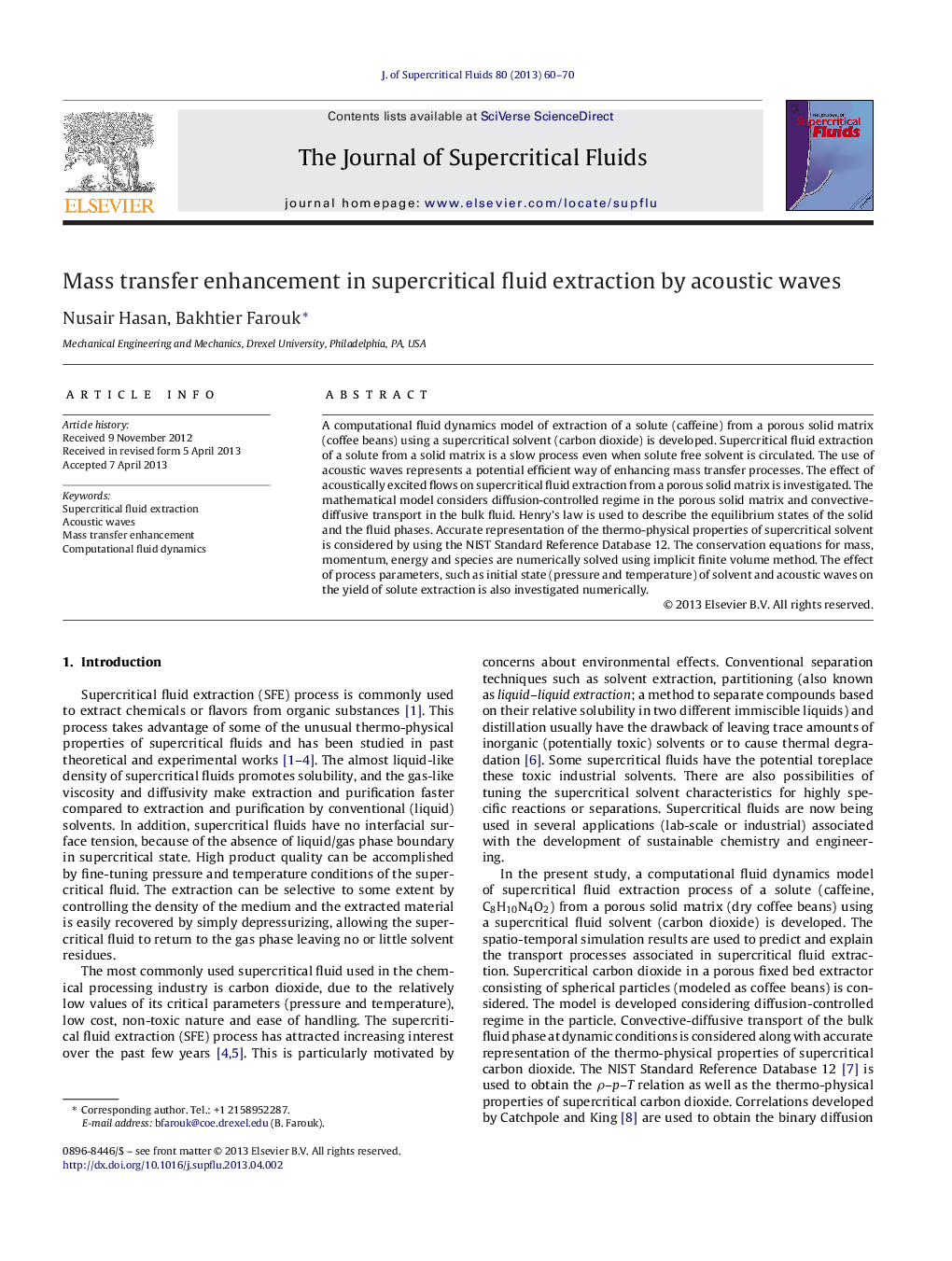 Mass transfer enhancement in supercritical fluid extraction by acoustic waves