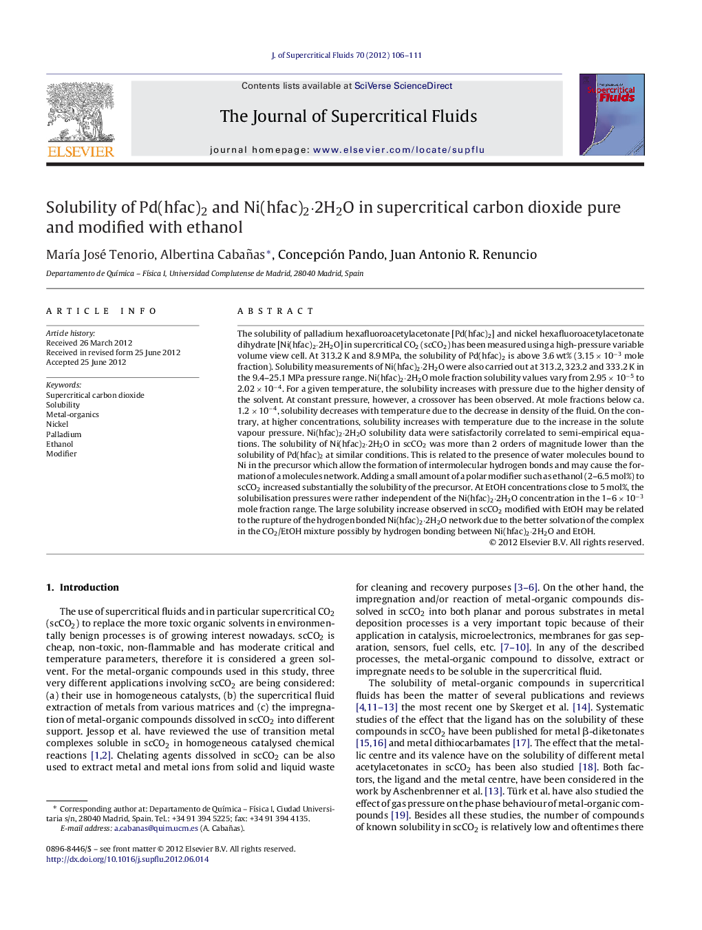 Solubility of Pd(hfac)2 and Ni(hfac)2·2H2O in supercritical carbon dioxide pure and modified with ethanol