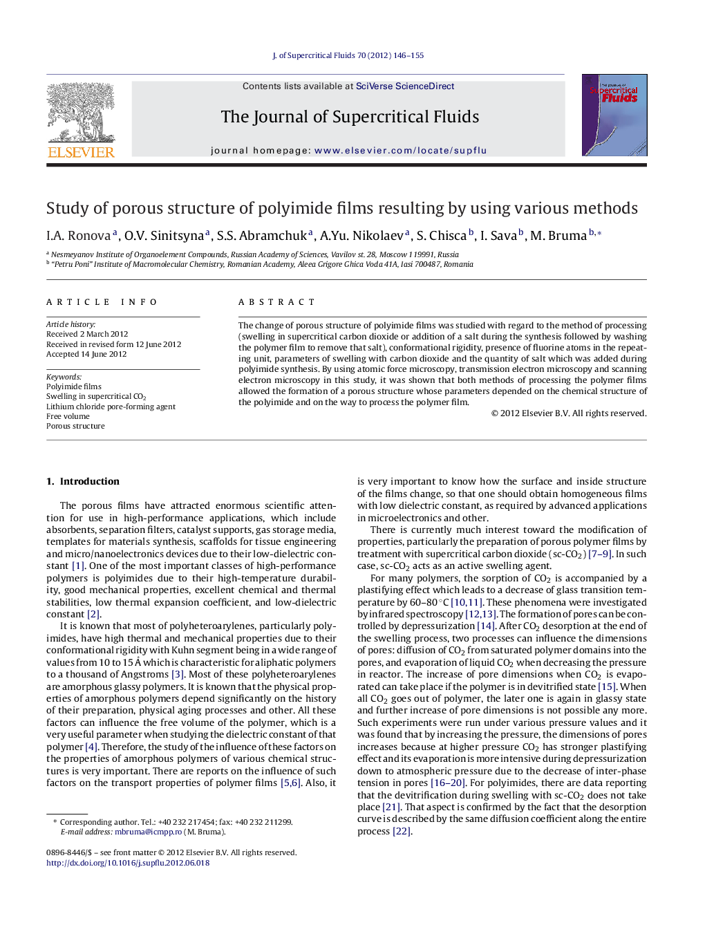 Study of porous structure of polyimide films resulting by using various methods