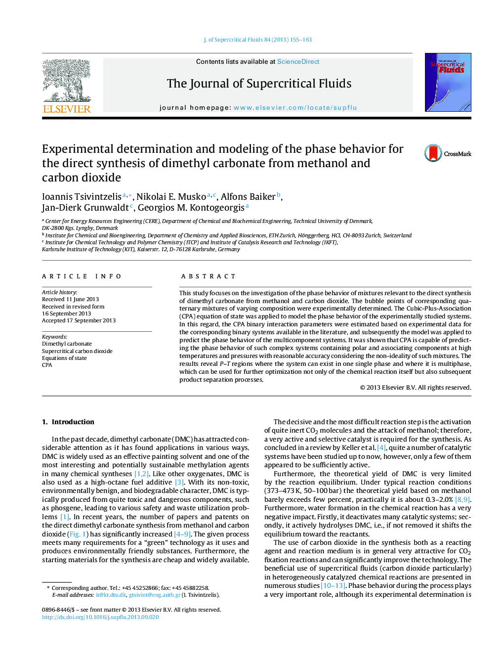 Experimental determination and modeling of the phase behavior for the direct synthesis of dimethyl carbonate from methanol and carbon dioxide