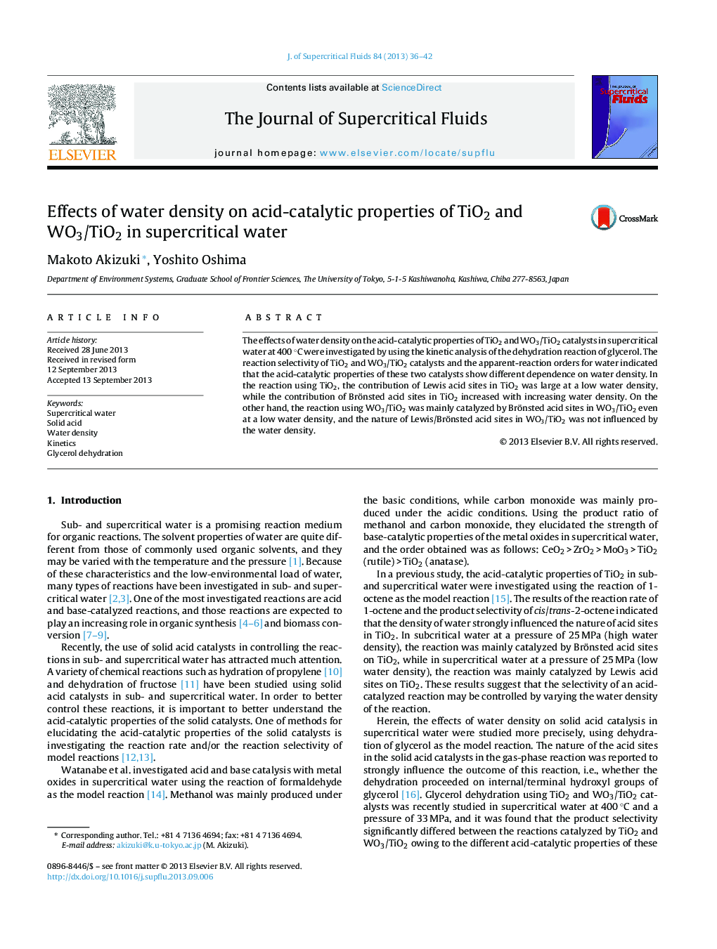 Effects of water density on acid-catalytic properties of TiO2 and WO3/TiO2 in supercritical water