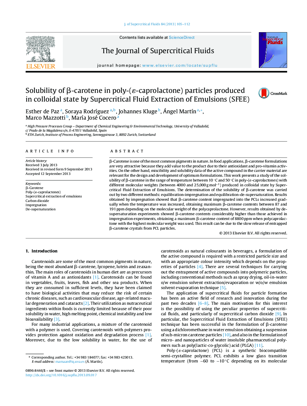 Solubility of β-carotene in poly-(ɛ-caprolactone) particles produced in colloidal state by Supercritical Fluid Extraction of Emulsions (SFEE)